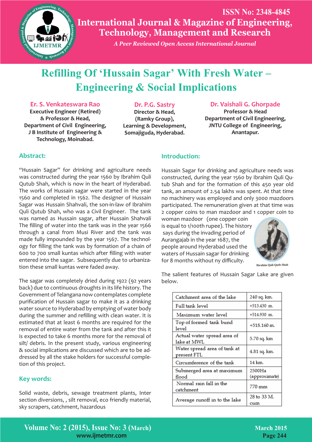 Hussain Sagar’ with Fresh Water – Engineering & Social Implications