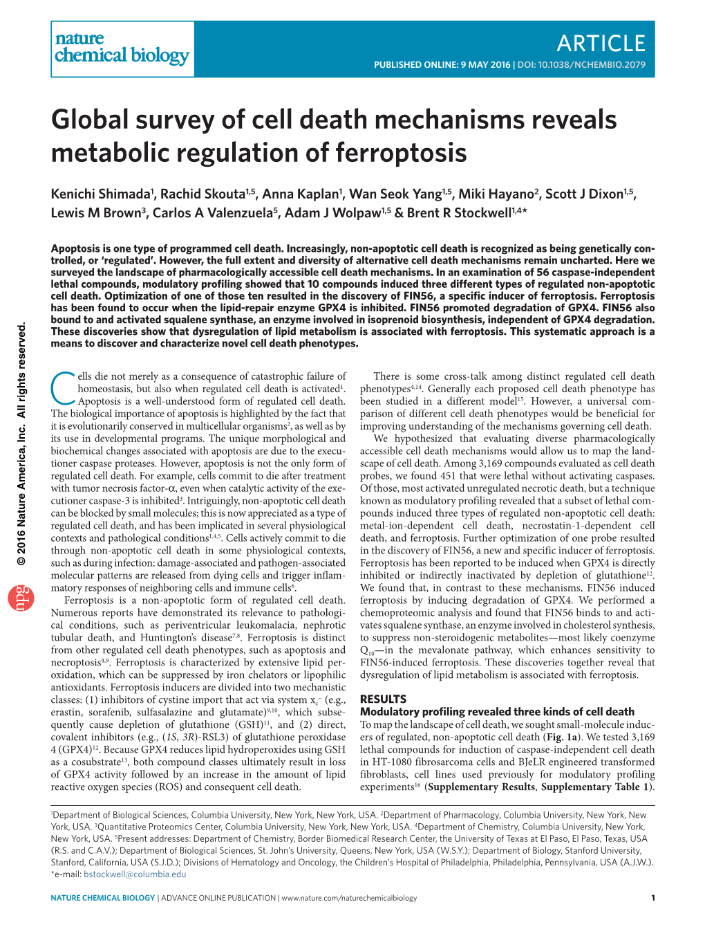 Global Survey of Cell Death Mechanisms Reveals Metabolic