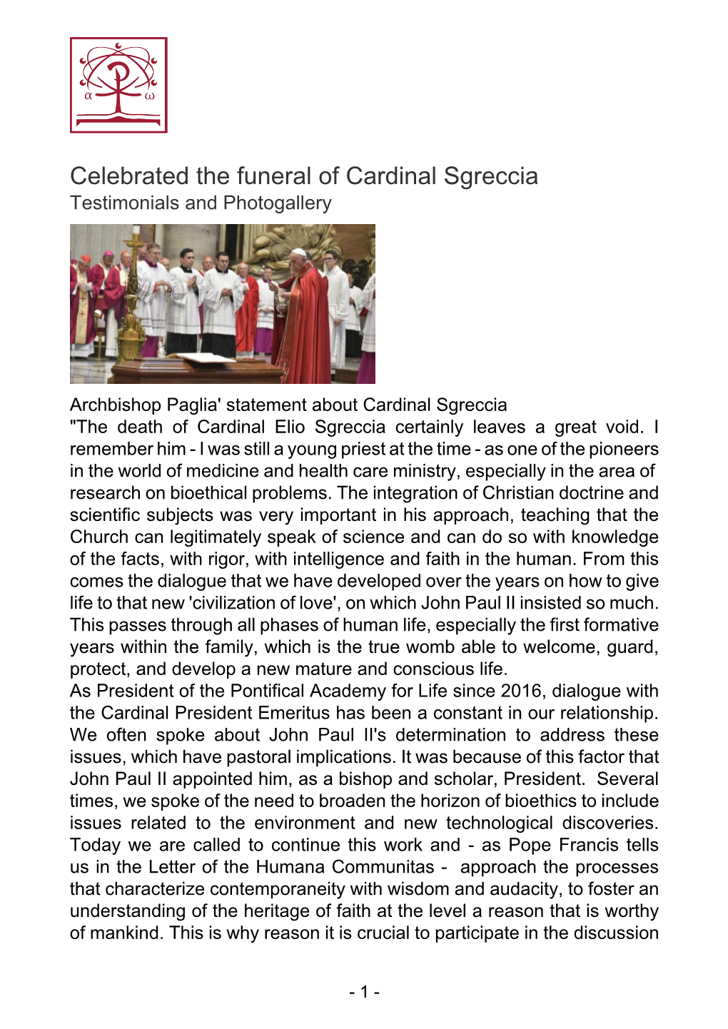 Celebrated the Funeral of Cardinal Sgreccia Testimonials and Photogallery