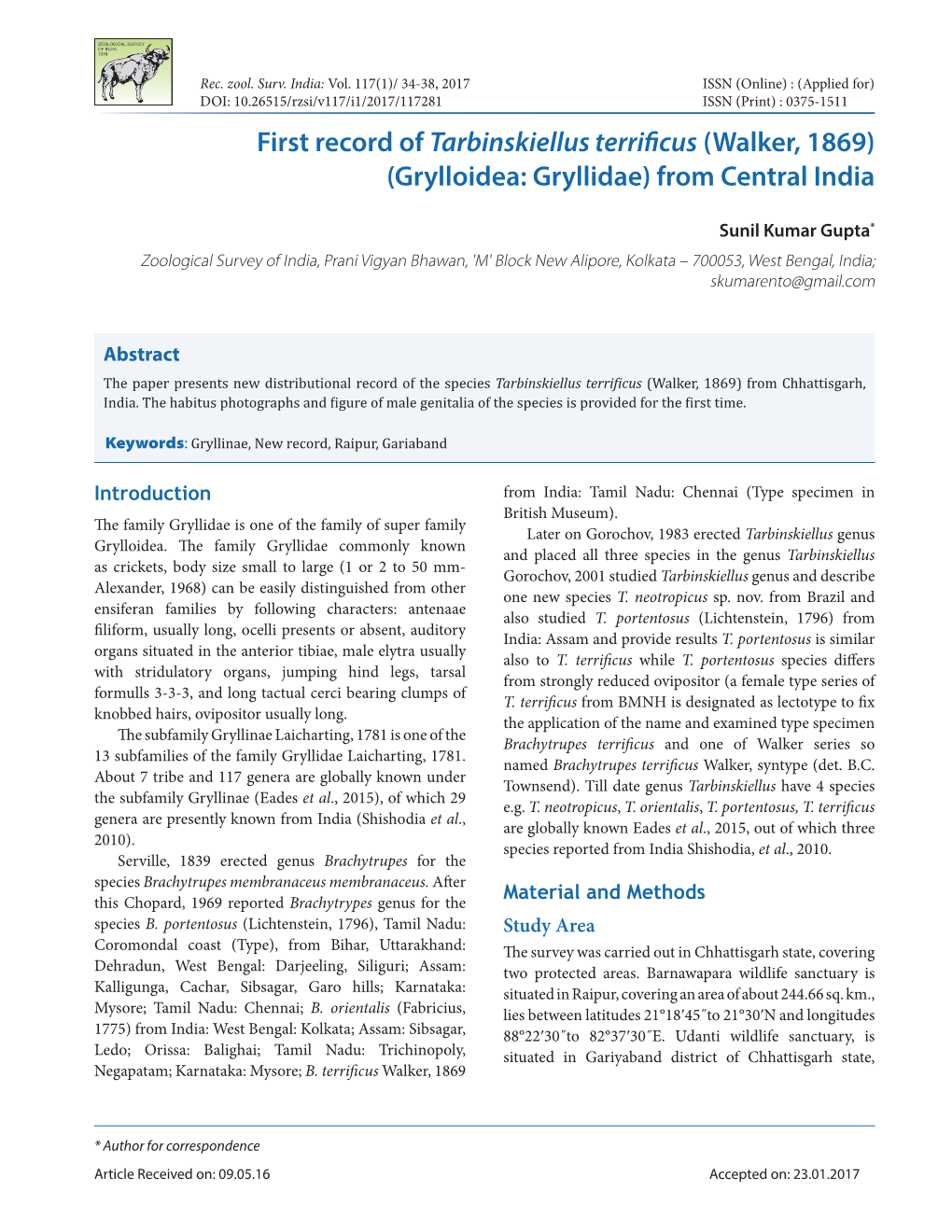 First Record of Tarbinskiellus Terrificus (Walker, 1869) (Grylloidea: Gryllidae) from Central India