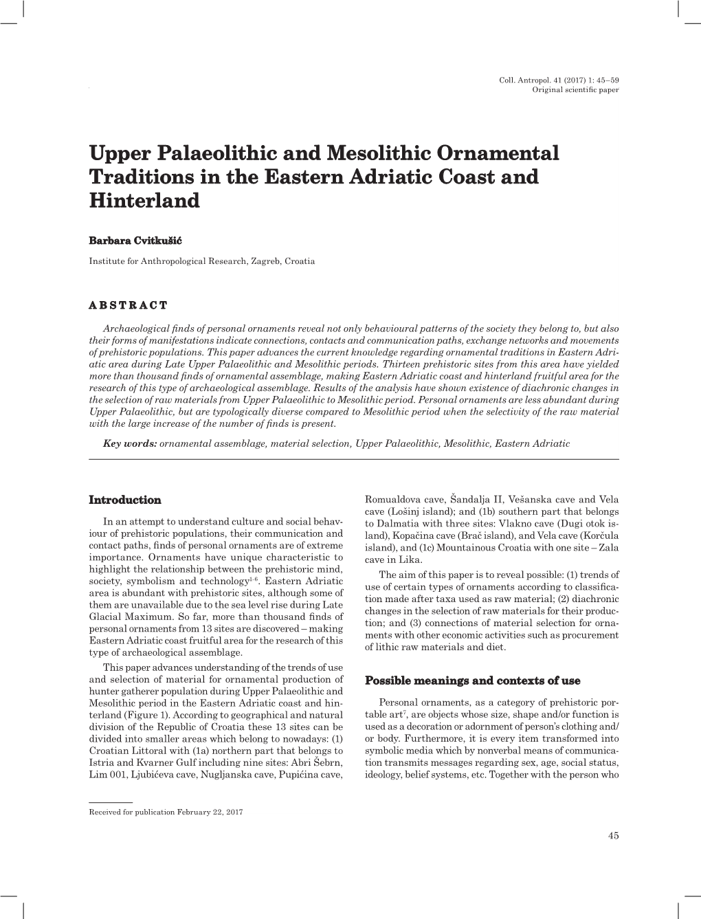 Upper Palaeolithic and Mesolithic Ornamental Traditions in the Eastern Adriatic Coast and Hinterland