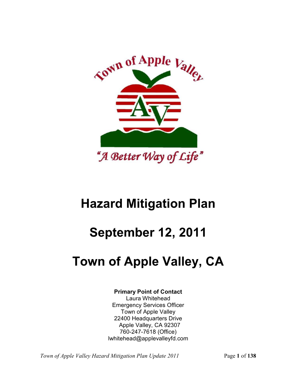 Hazard Mitigation Plan September 12, 2011 Town of Apple Valley, CA