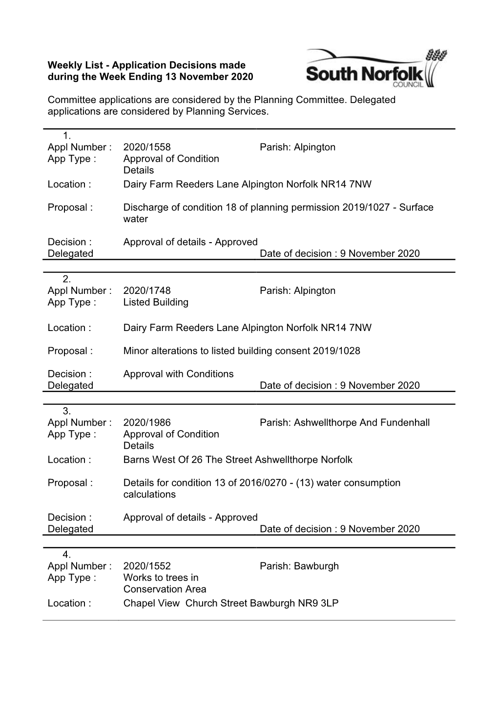 Weekly List of Decisions Made During Week Ending 13 November 2020