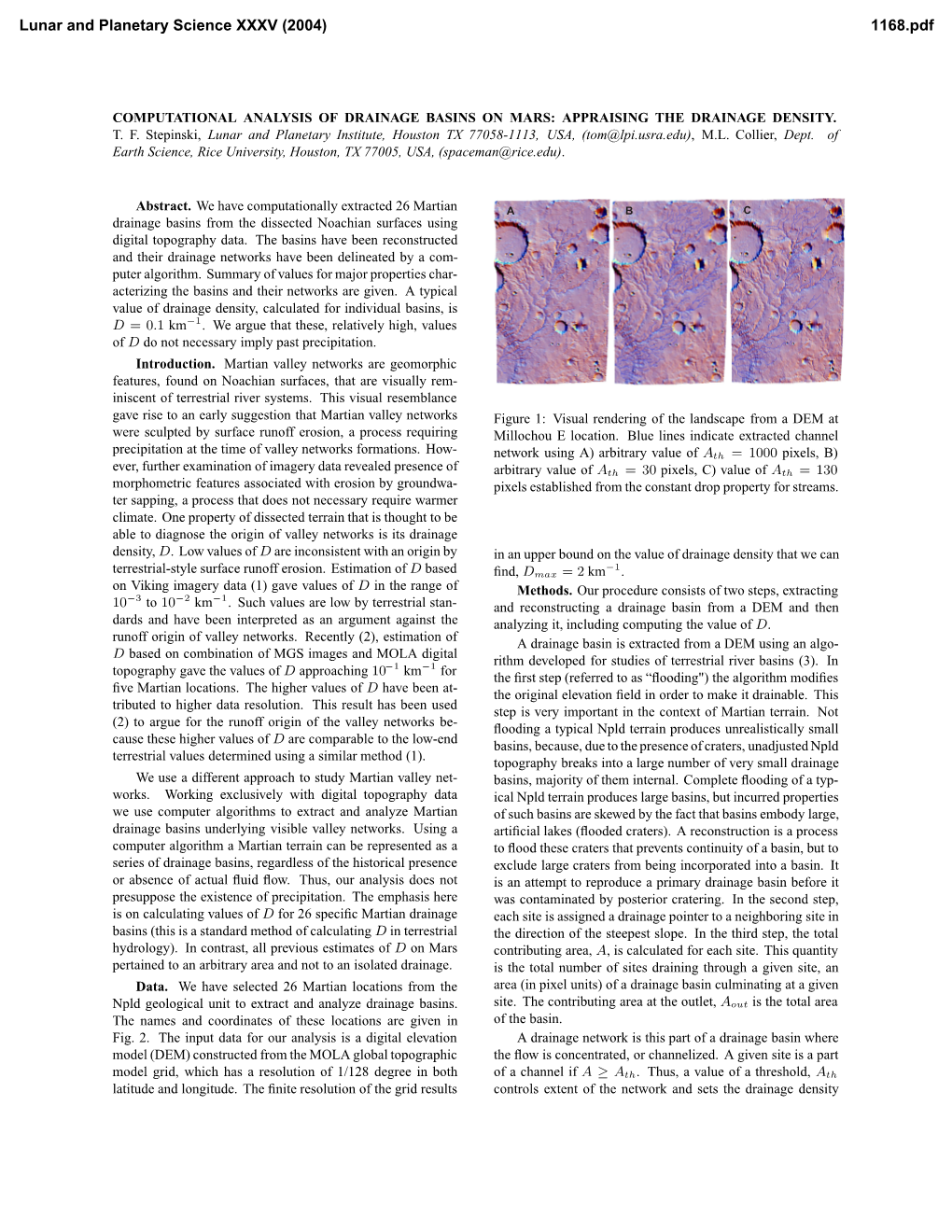 Computational Analysis of Drainage Basins on Mars: Appraising the Drainage Density