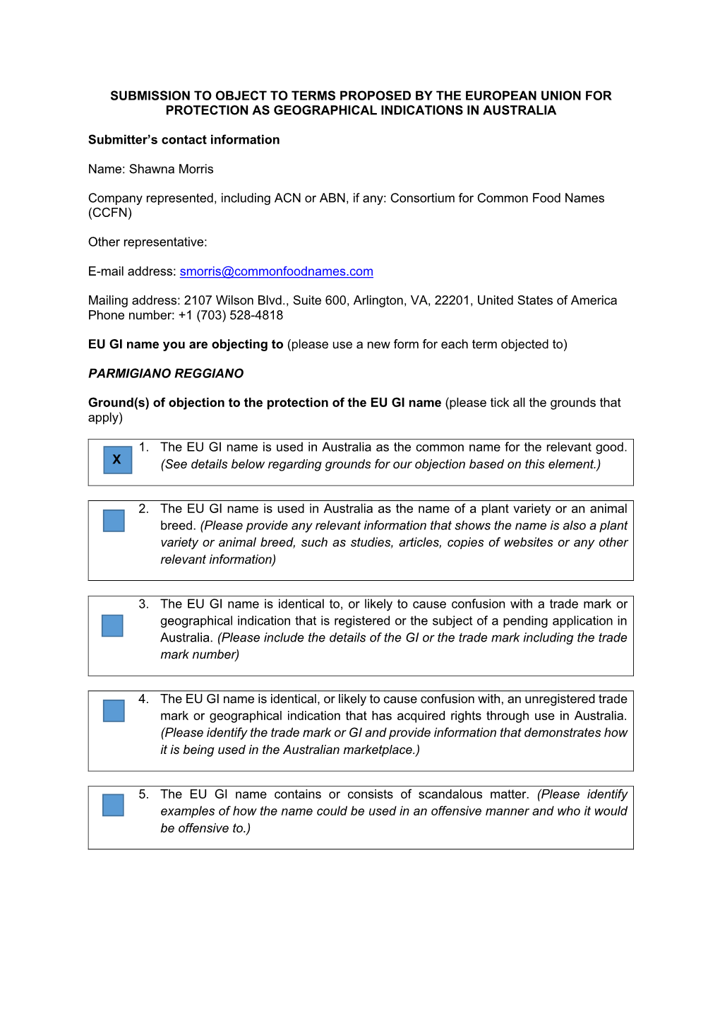 Submission to Object to Terms Proposed by the European Union for Protection As Geographical Indications in Australia