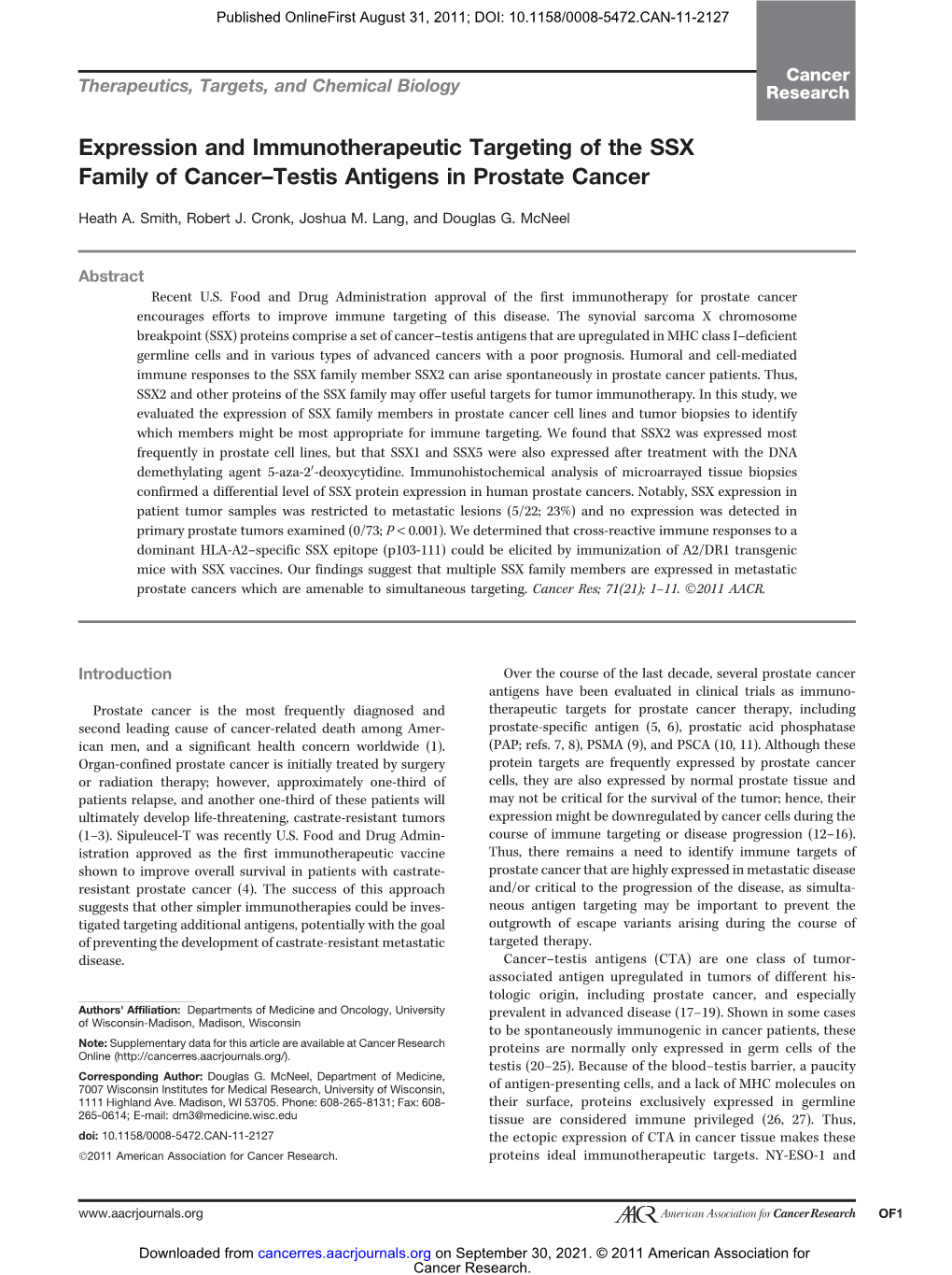 Expression and Immunotherapeutic Targeting of the SSX Family of Cancer–Testis Antigens in Prostate Cancer