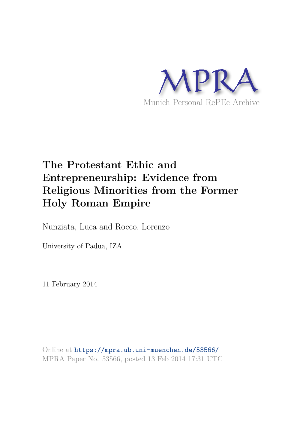 The Protestant Ethic and Entrepreneurship: Evidence from Religious Minorities from the Former Holy Roman Empire