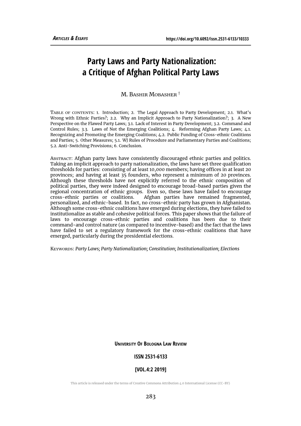 Party Laws and Party Nationalization: a Critique of Afghan Political Party Laws