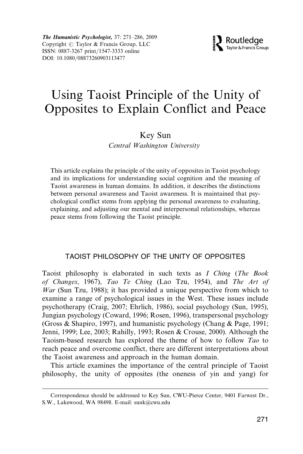 Using Taoist Principle of the Unity of Opposites to Explain Conflict and Peace