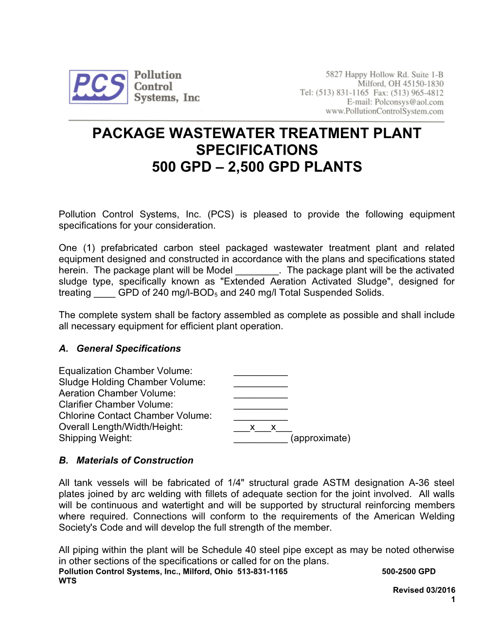 Package Wastewater Treatment Plant Specifications