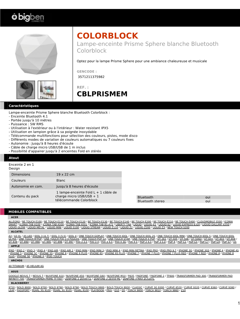 COLORBLOCK Lampe-Enceinte Prisme Sphere Blanche Bluetooth Colorblock