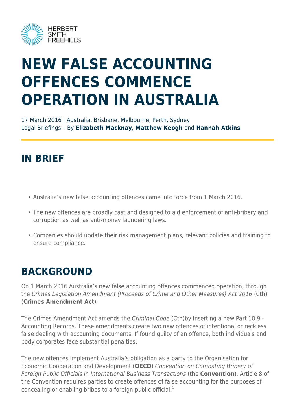 New False Accounting Offences Commence Operation in Australia