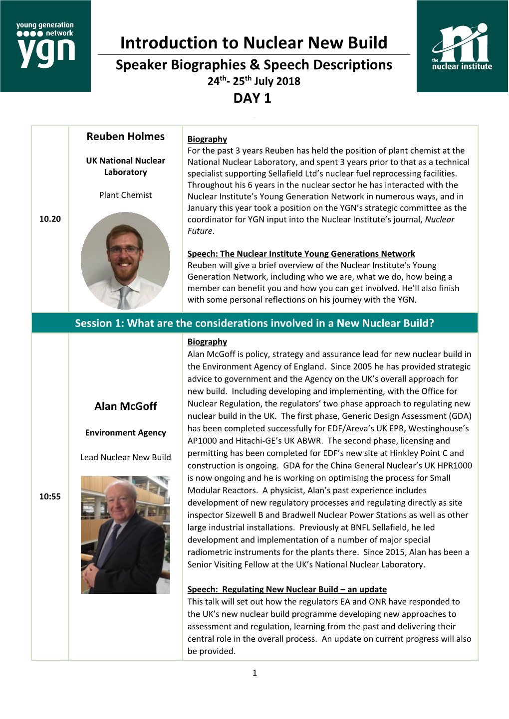 Introduction to Nuclear New Build Speaker Biographies & Speech Descriptions 24Th- 25Th July 2018 DAY 1