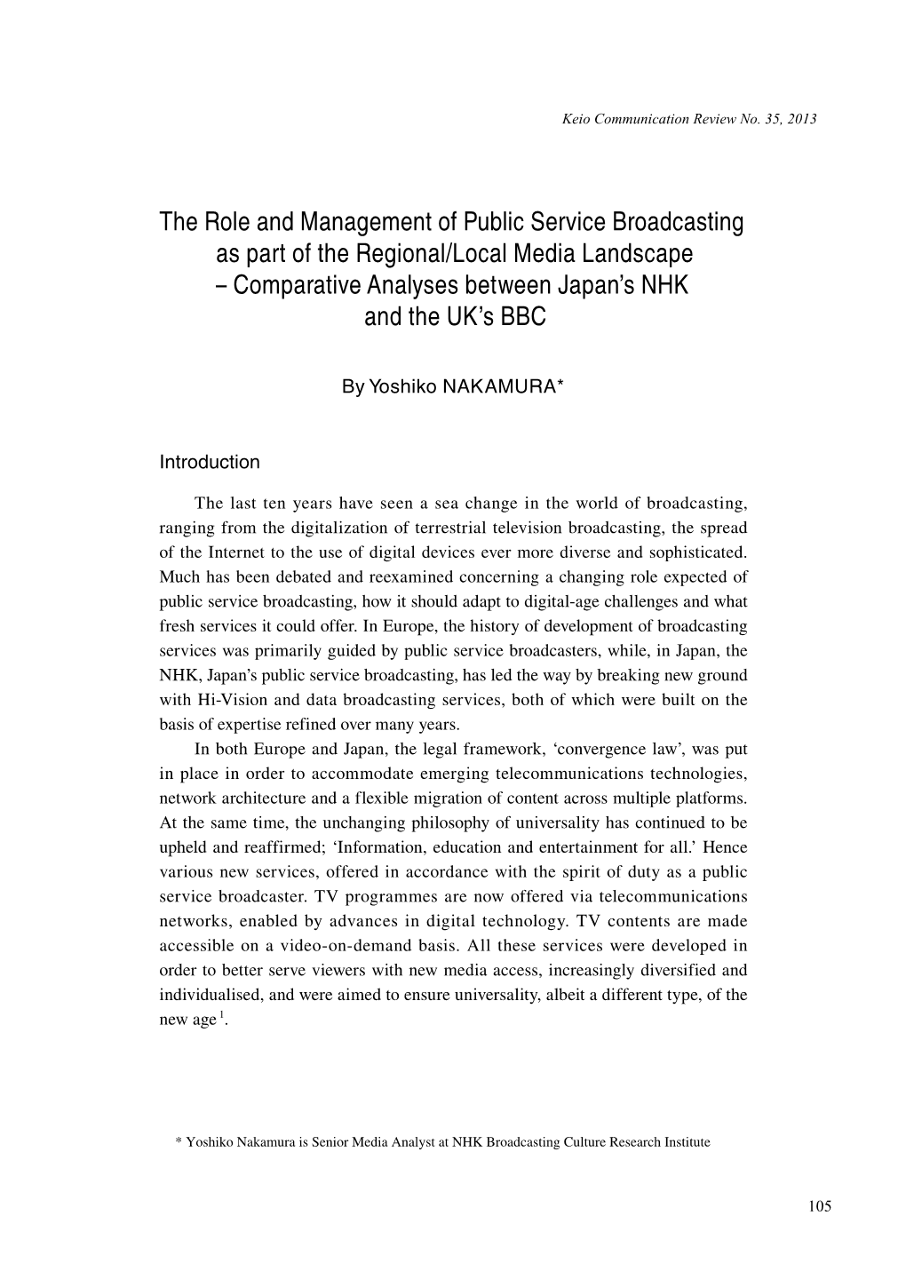 The Role and Management of Public Service Broadcasting As Part of the Regional/Local Media Landscape – Comparative Analyses Between Japan’S NHK and the UK’S BBC