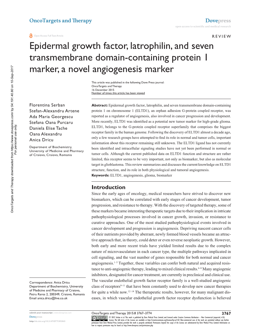 Epidermal Growth Factor, Latrophilin, and Seven Transmembrane Domain-Containing Protein 1 Marker, a Novel Angiogenesis Marker