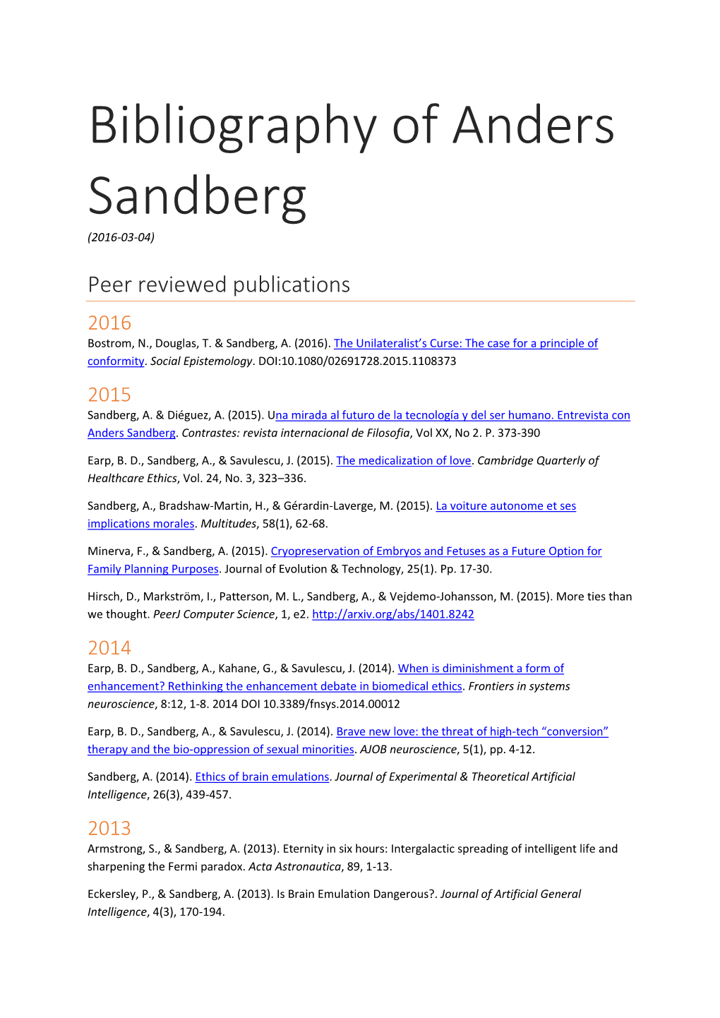 Bibliography of Anders Sandberg (2016-03-04)