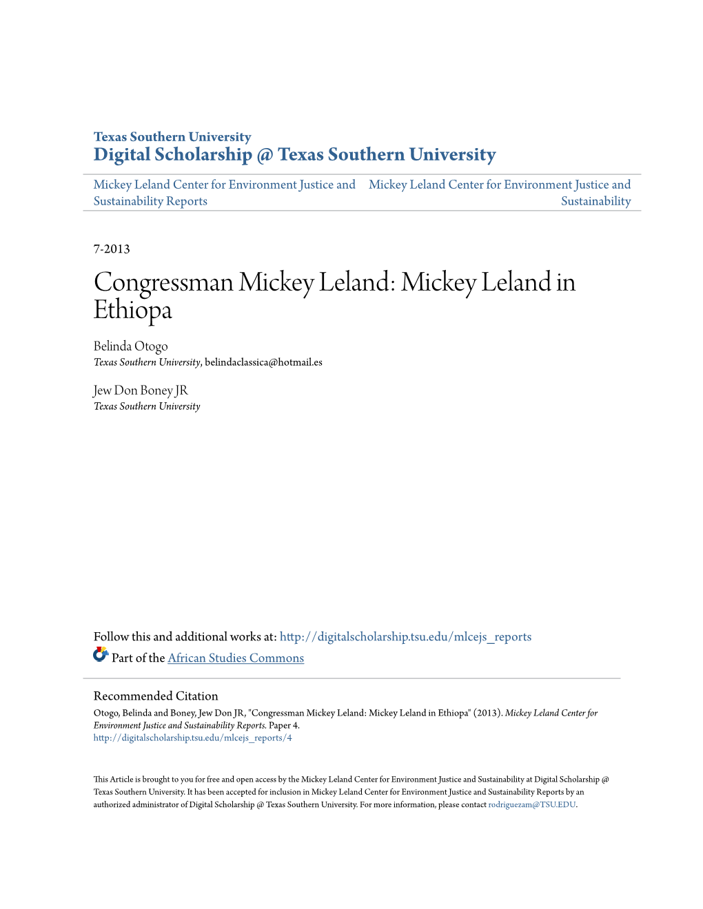 Congressman Mickey Leland: Mickey Leland in Ethiopa Belinda Otogo Texas Southern University, Belindaclassica@Hotmail.Es