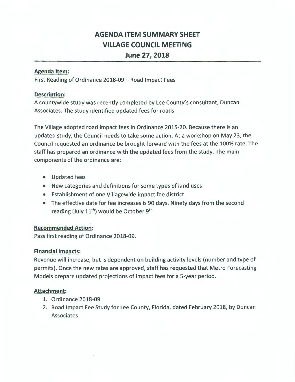 Summary Sheet, Ordinance, and Road Impact Fee