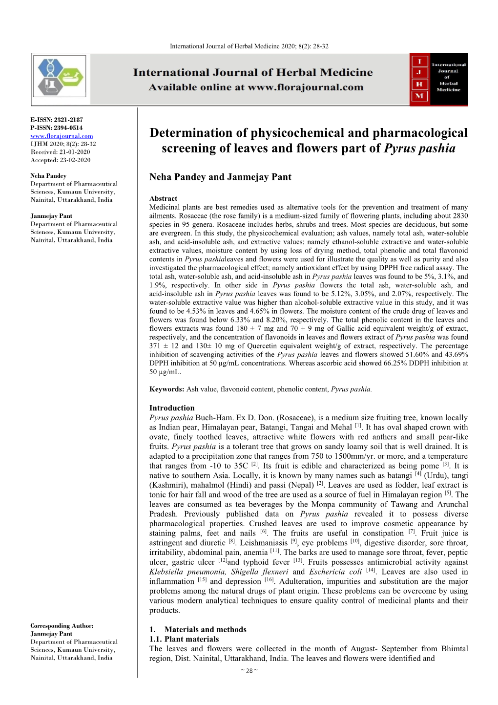 Determination of Physicochemical and Pharmacological Screening Of