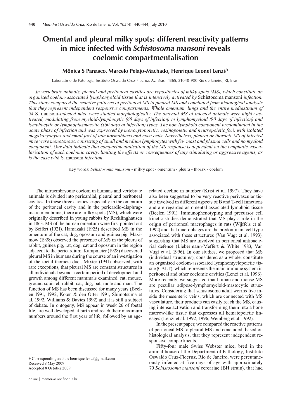 Omental and Pleural Milky Spots: Different Reactivity Patterns in Mice Infected with Schistosoma Mansoni Reveals Coelomic Compartmentalisation