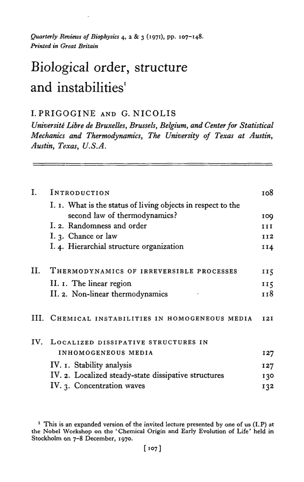 Biological Order, Structure and Instabilities'