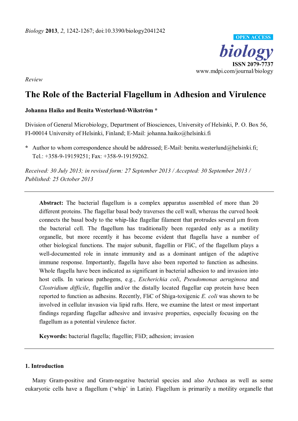 The Role of the Bacterial Flagellum in Adhesion and Virulence