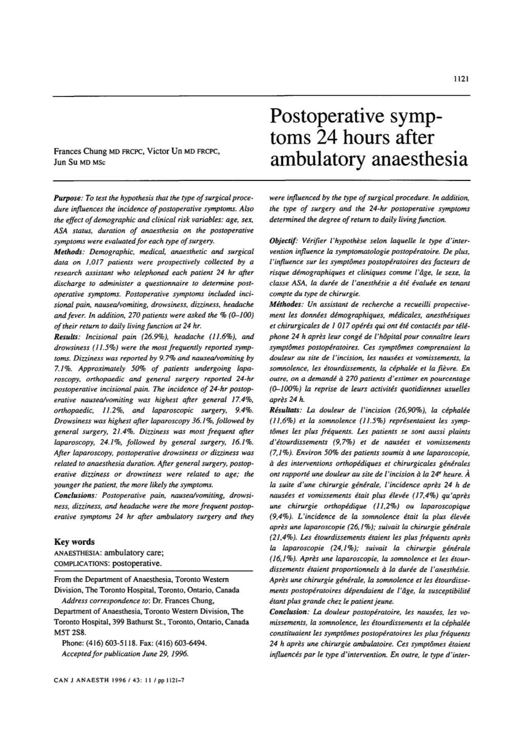 Postoperative Symptoms 24 Hours After Ambulatory Anaesthesia