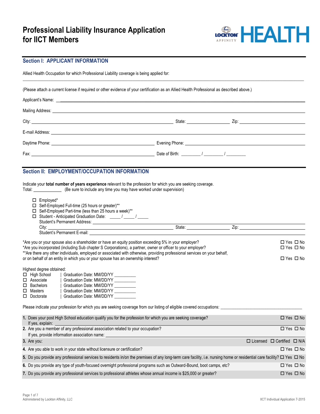 Professional Liability Insurance Application for IICT Members