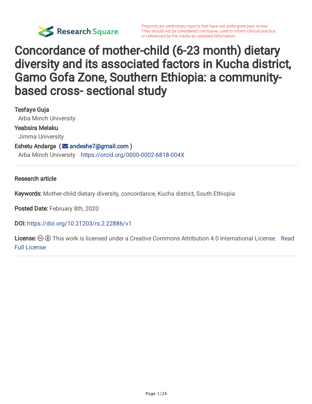 Dietary Diversity and Its Associated Factors in Kucha District, Gamo Gofa Zone, Southern Ethiopia: a Community- Based Cross- Sectional Study