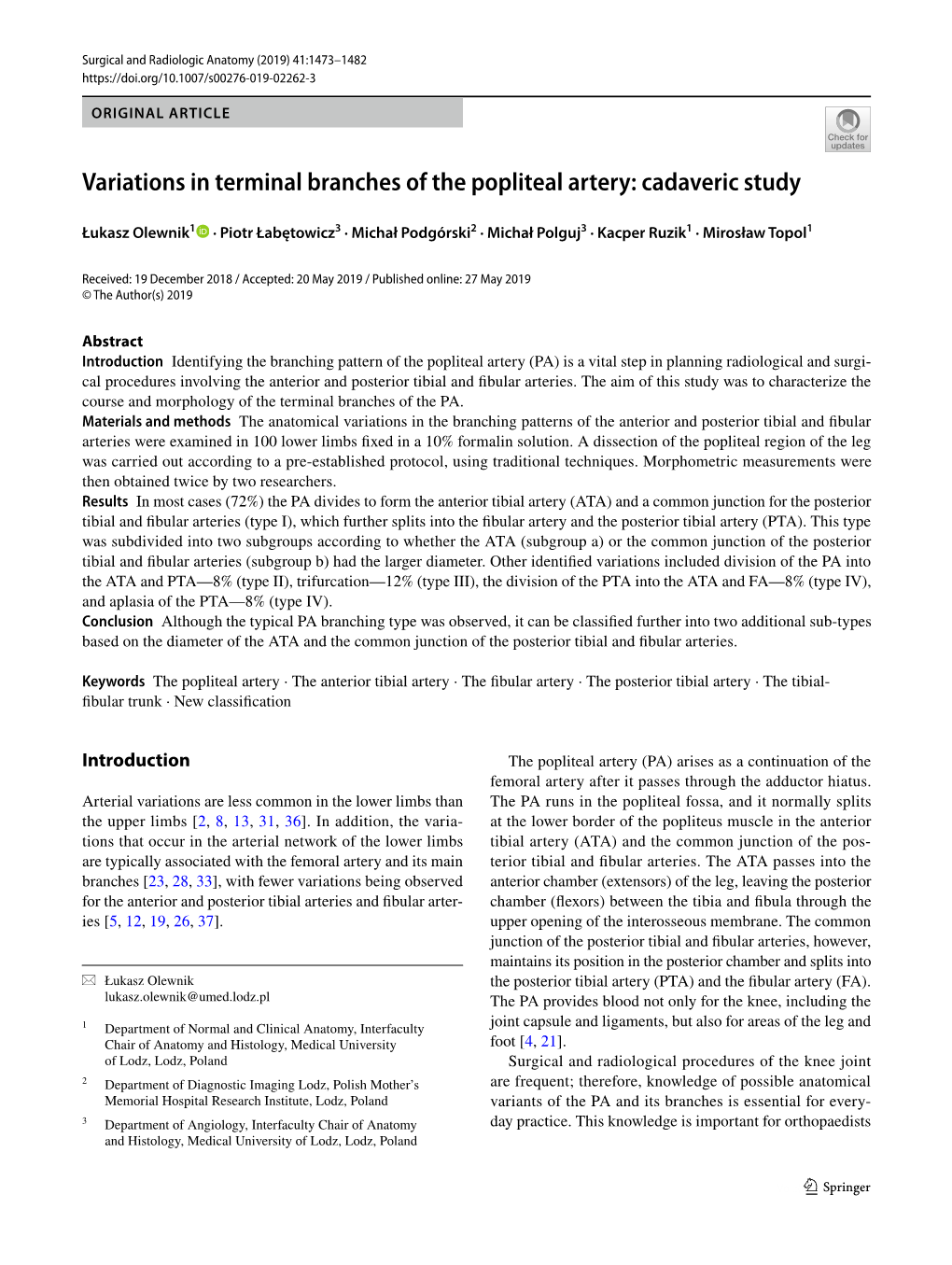 Variations in Terminal Branches of the Popliteal Artery: Cadaveric Study