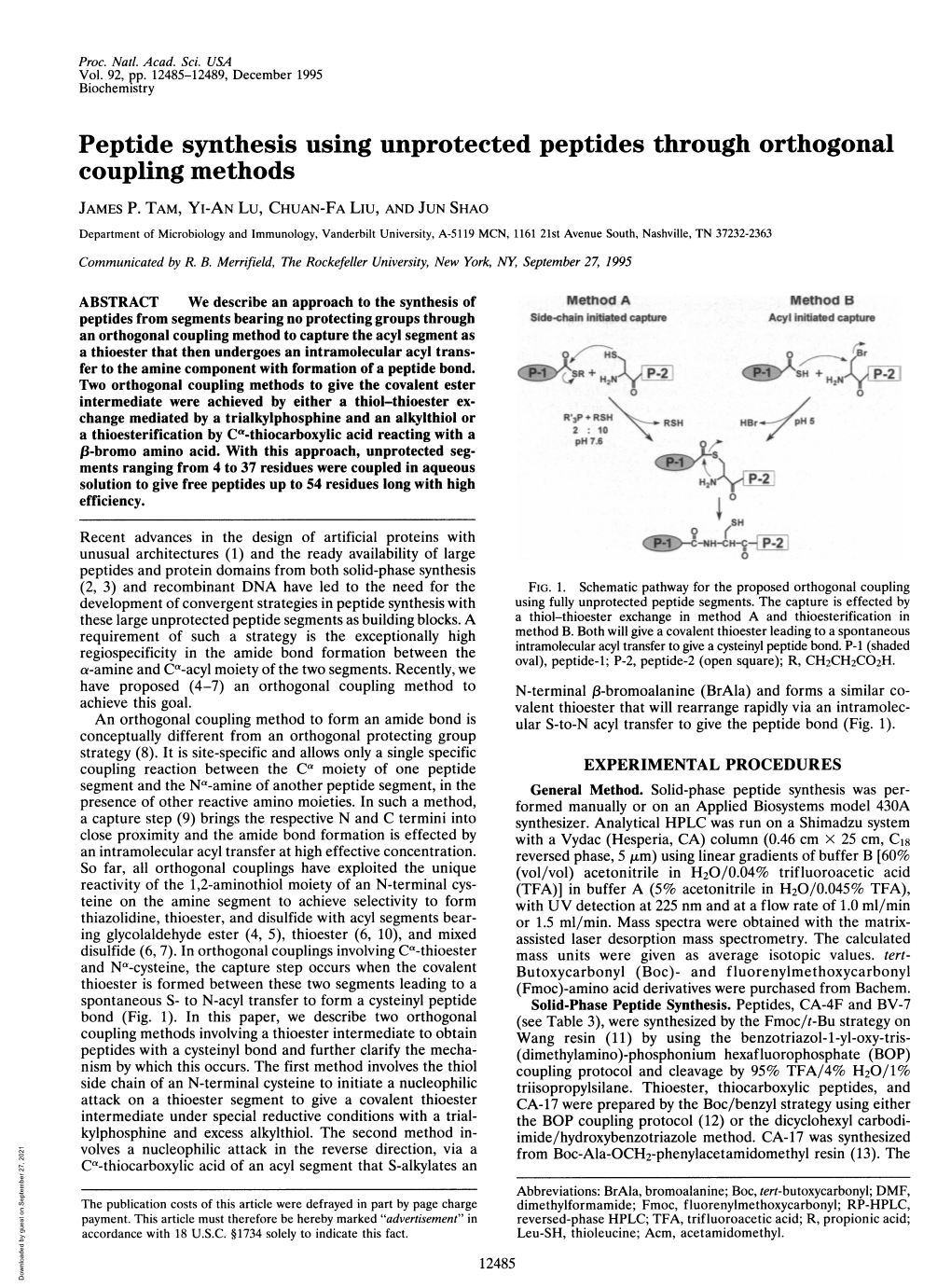 Peptide Synthesis Using Unprotected Peptides Through Orthogonal Coupling Methods JAMES P