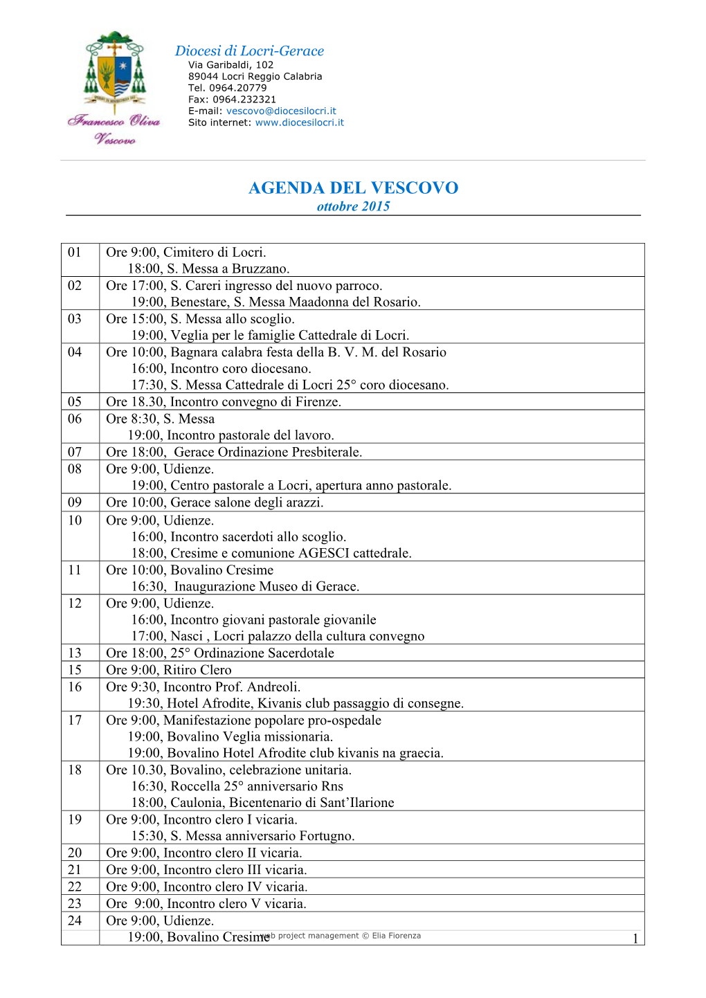 AGENDA DEL VESCOVO Ottobre 2015