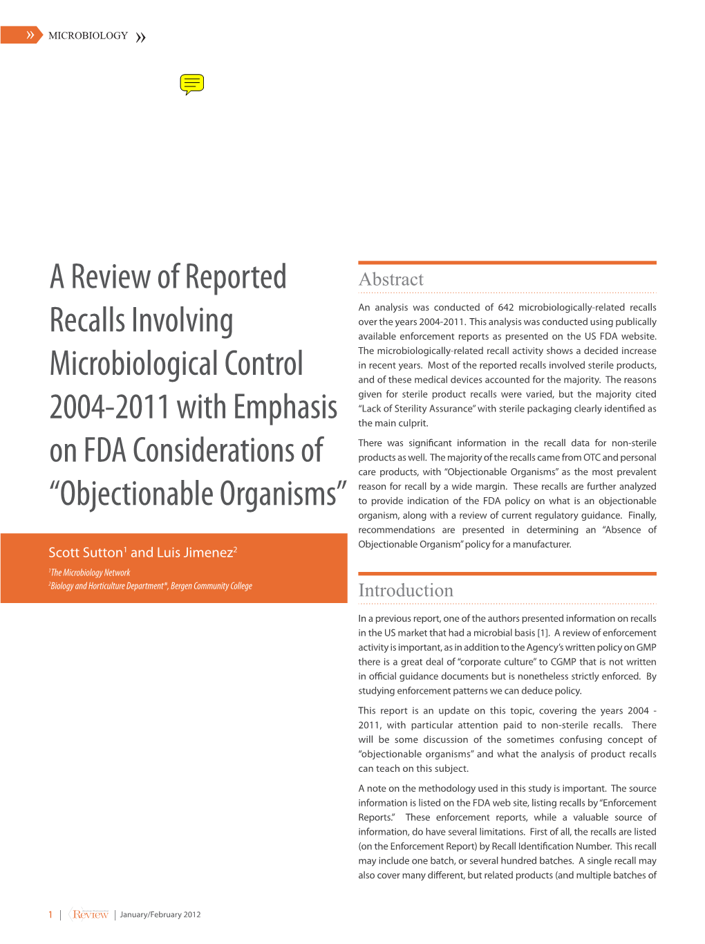 A Review of Reported Recalls Involving Microbiological Control