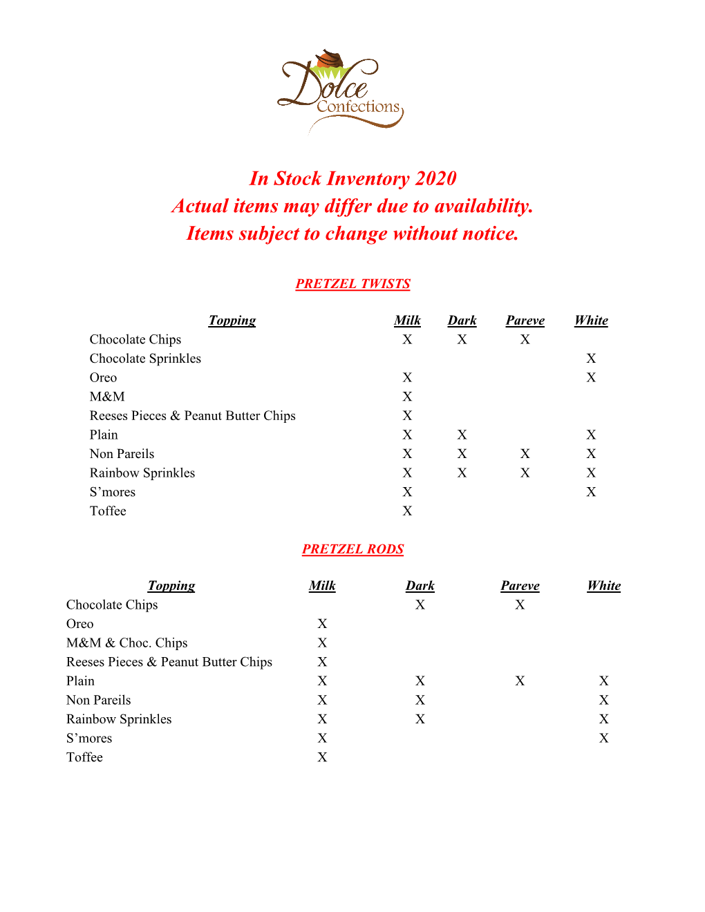 In Stock Inventory 2020 Actual Items May Differ Due to Availability