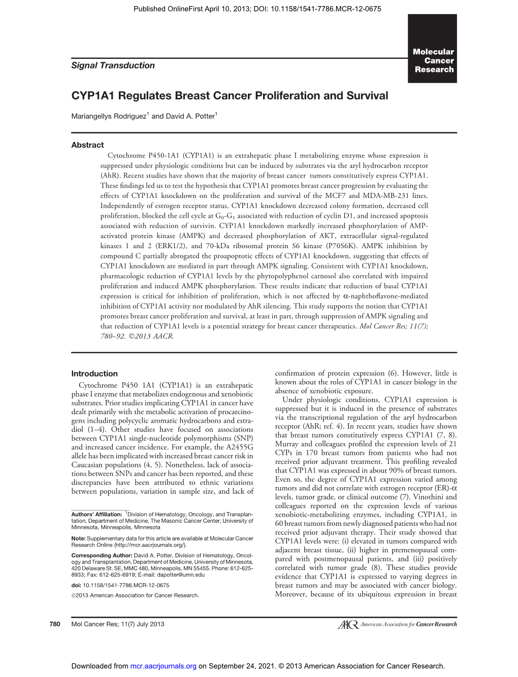 CYP1A1 Regulates Breast Cancer Proliferation and Survival