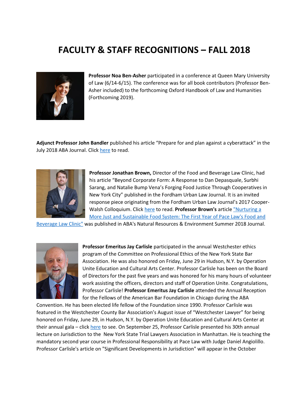 Faculty & Staff Recognitions – Fall 2018