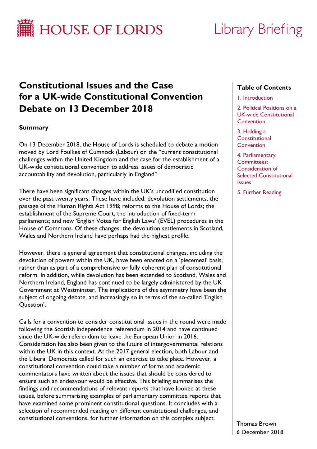 Constitutional Issues and the Case for a UK-Wide Constitutional Convention