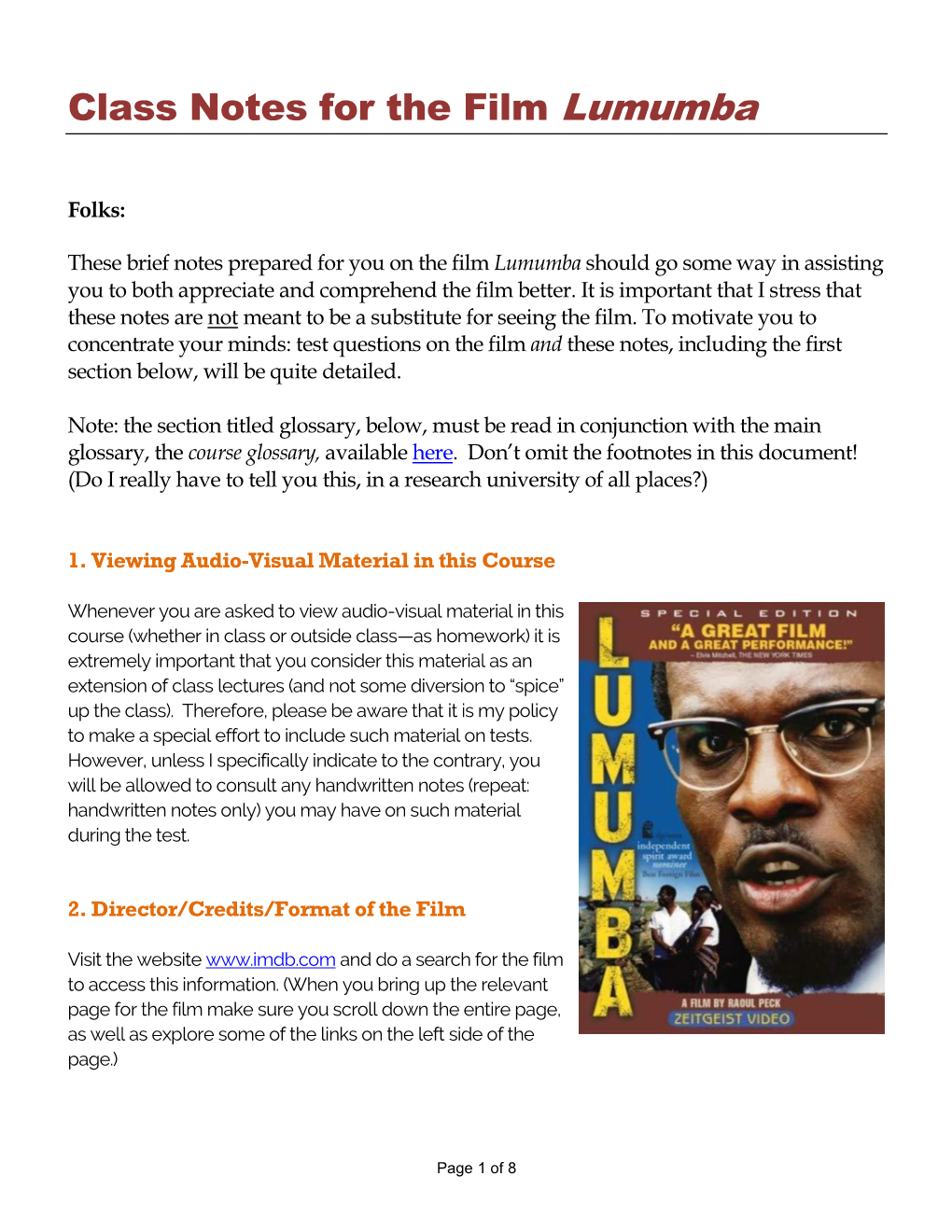 Class Notes for the Film Lumumba
