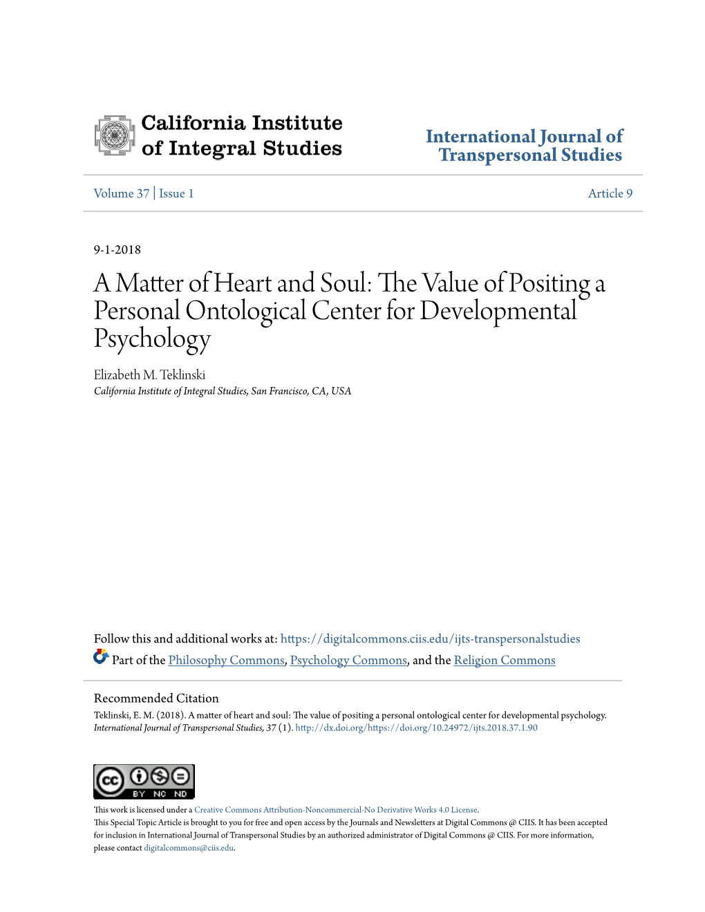 A Matter of Heart and Soul: the Value of Positing a Personal Ontological Center for Developmental Psychology Elizabeth M