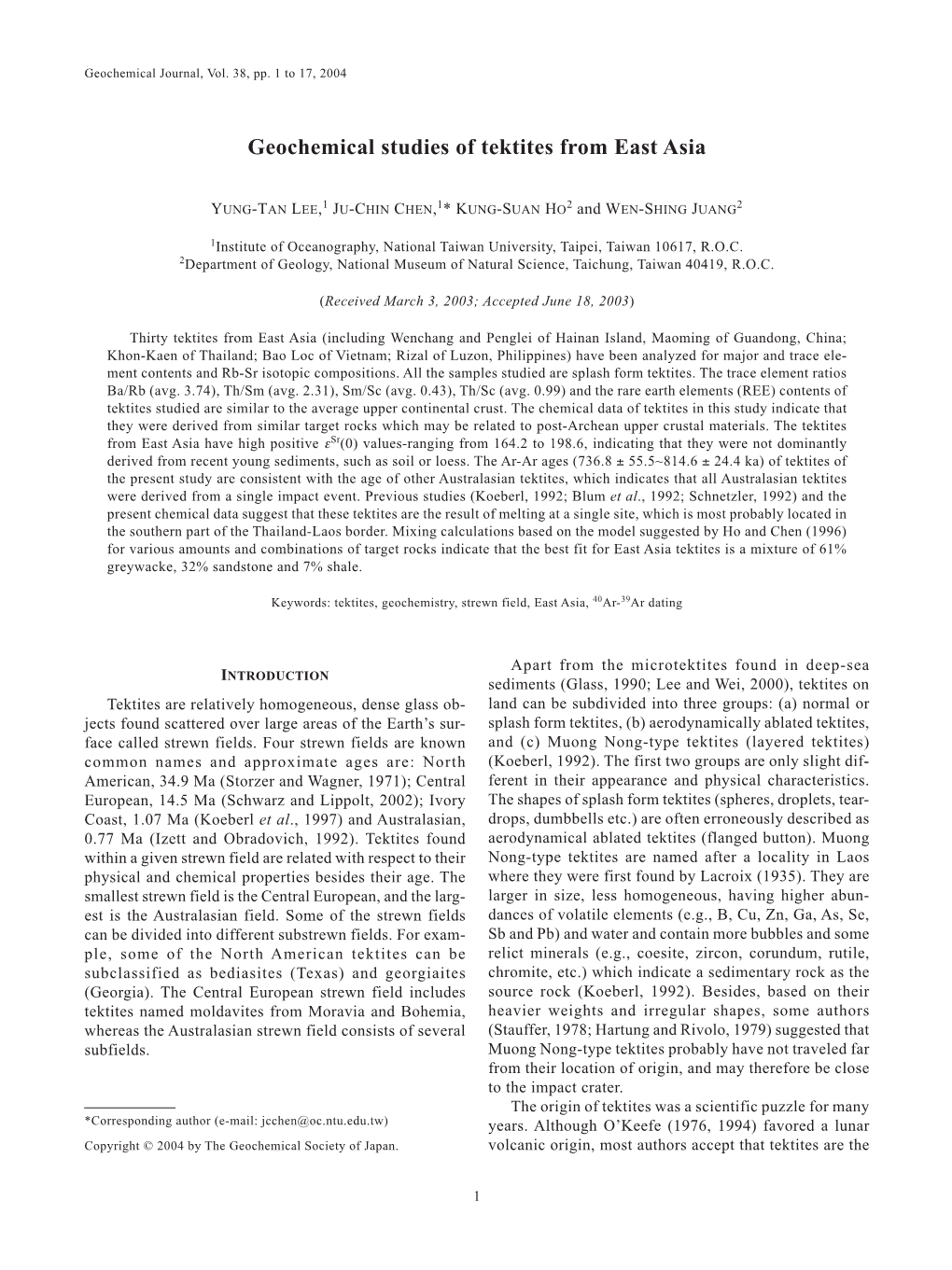 Geochemical Studies of Tektites from East Asia