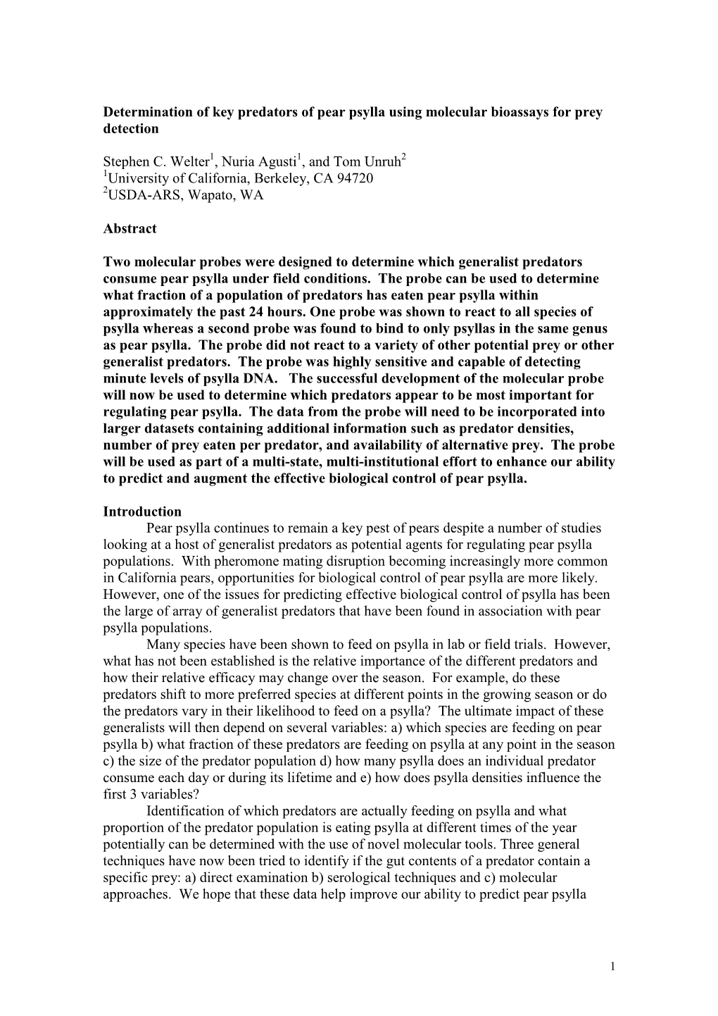 Determination of Key Predators of Pear Psylla Using Molecular Bioassays for Prey Detection