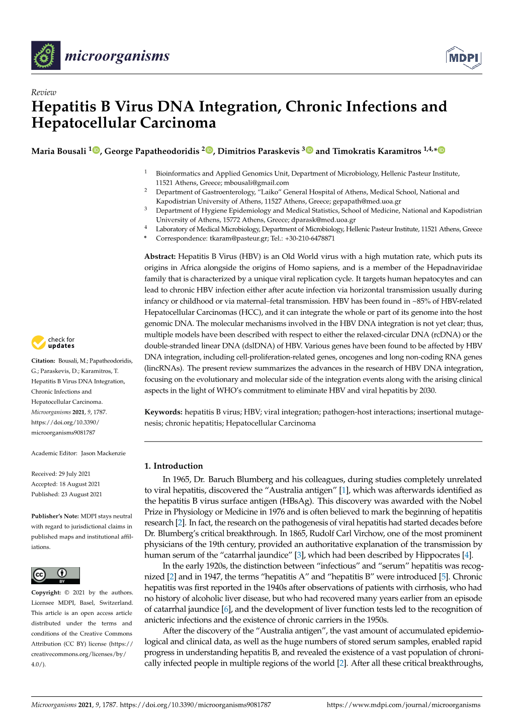 Hepatitis B Virus DNA Integration, Chronic Infections and Hepatocellular Carcinoma