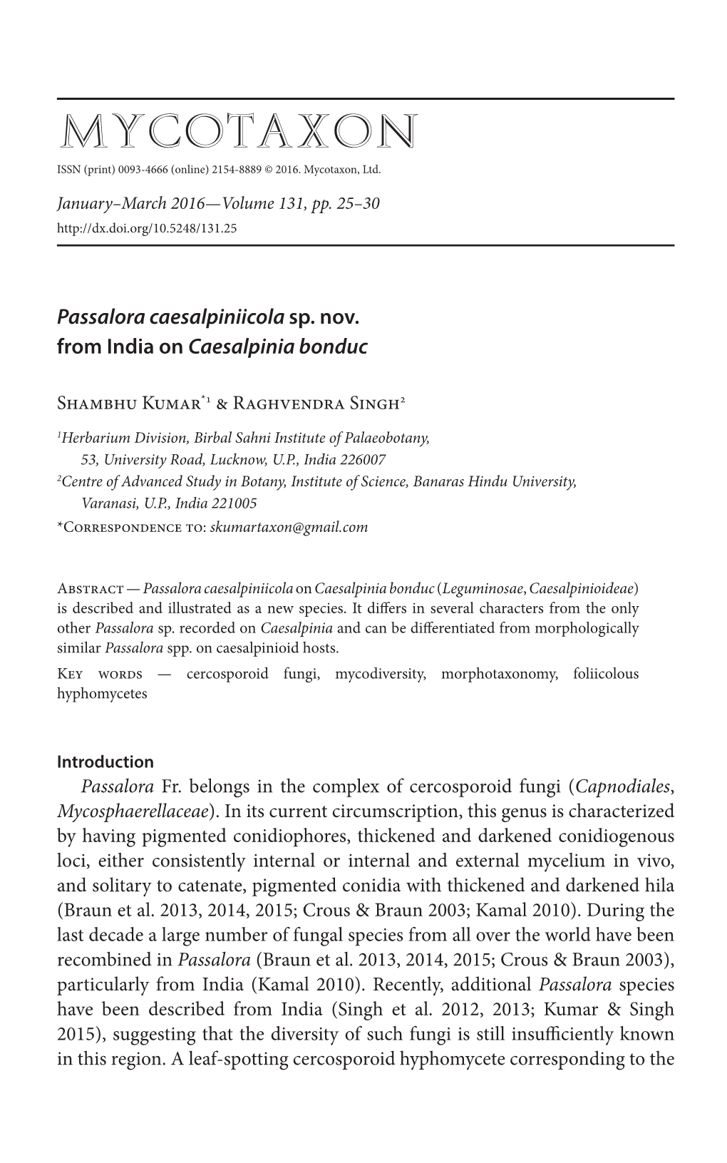 &lt;I&gt;Passalora Caesalpiniicola&lt;/I&gt; Sp. Nov. from India On