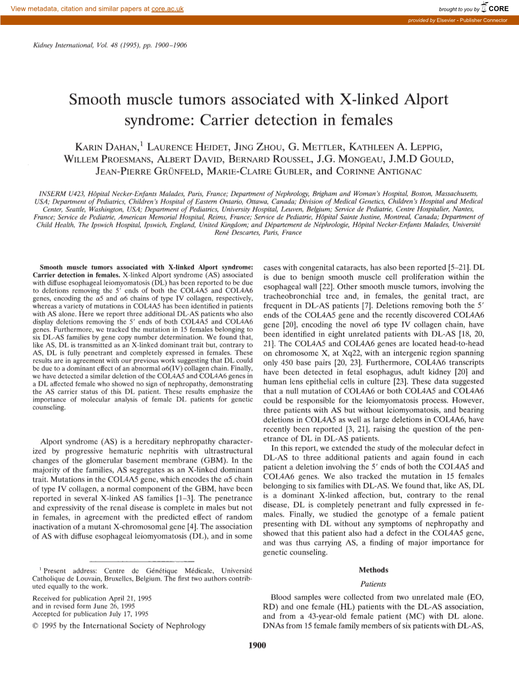 Smooth Muscle Tumors Associated with X-Linked Alport Syndrome: Carrier Detection in Females