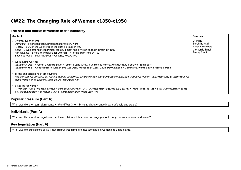 CW22: the Changing Role of Women C1850 C1950