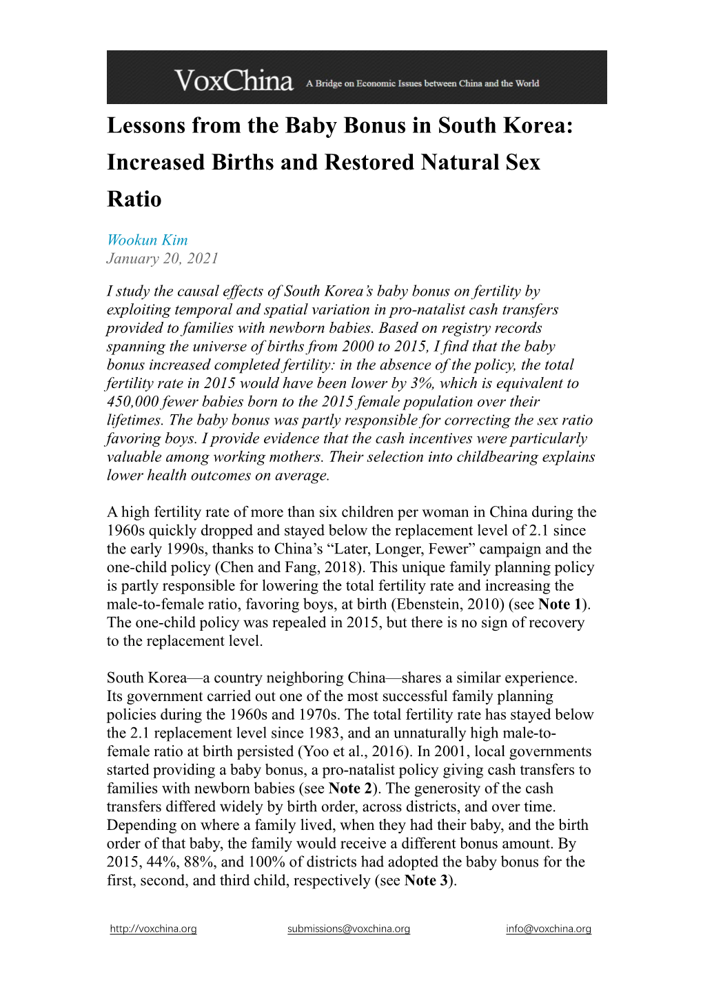 Lessons from the Baby Bonus in South Korea: Increased Births and Restored Natural Sex Ratio