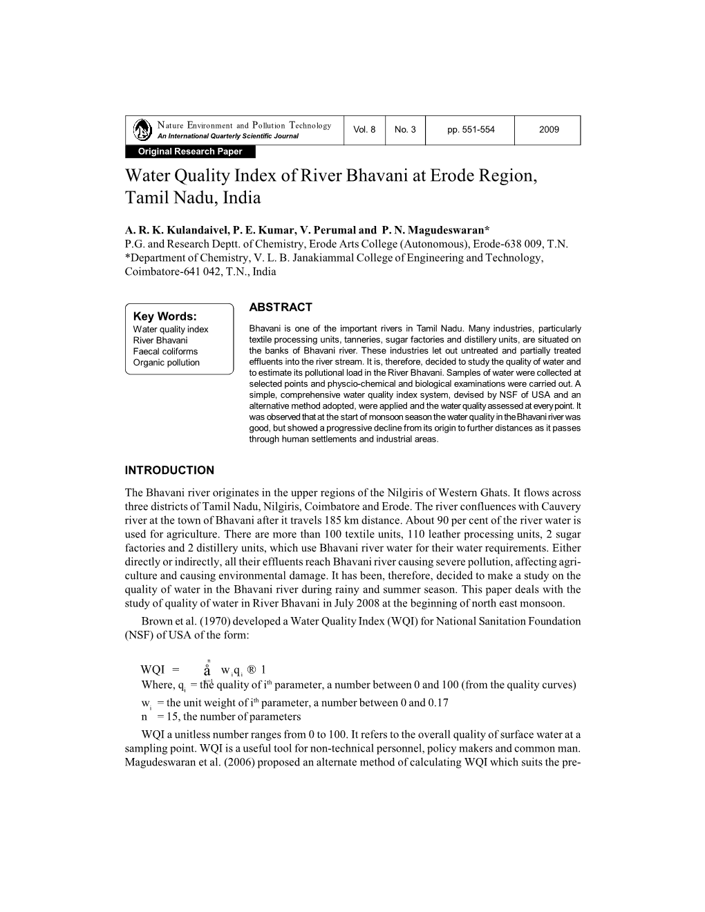 Water Quality Index of River Bhavani at Erode Region, Tamil Nadu, India