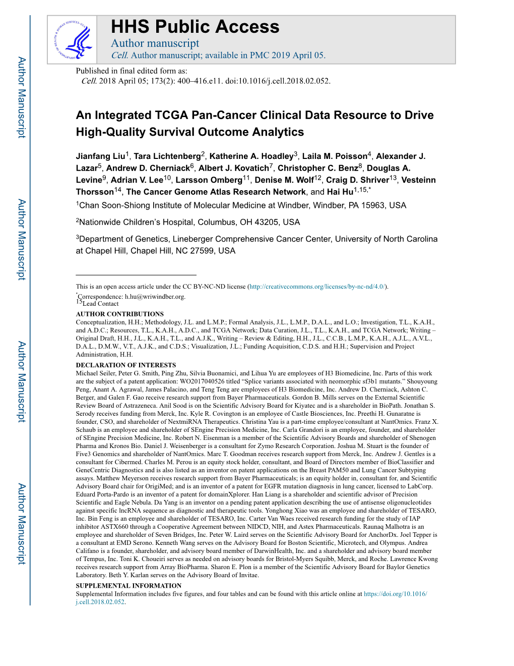 An Integrated TCGA Pan-Cancer Clinical Data Resource to Drive High-Quality Survival Outcome Analytics