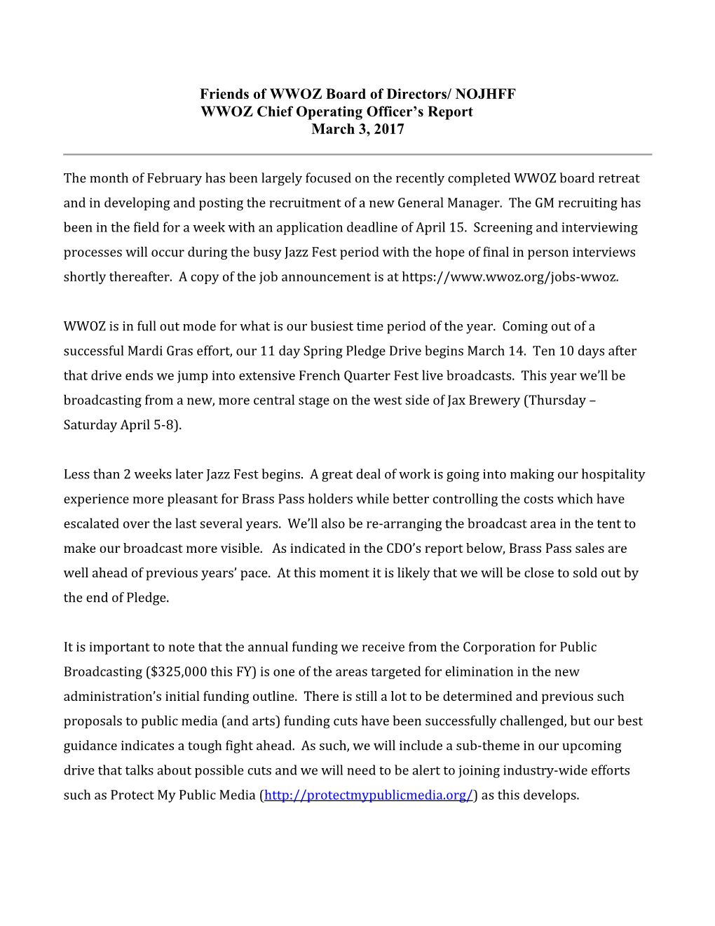 NOJHFF WWOZ Chief Operating Officer's Report March 3, 2017