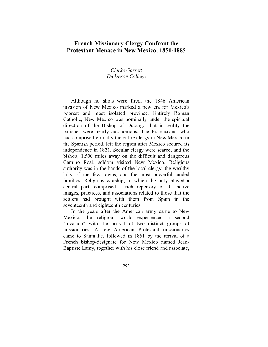 French Missionary Clergy Confront the Protestant Menace in New Mexico, 1851-1885